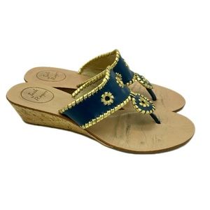 Jack Rogers Navy Blue & Gold Leather Sandals Cork Wedge w/Gold SZ 10